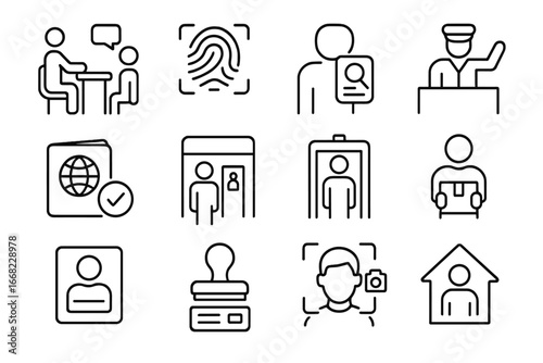 Immigration Process Icons. Outline icon set of immigration process: interview, fingerprinting, document
