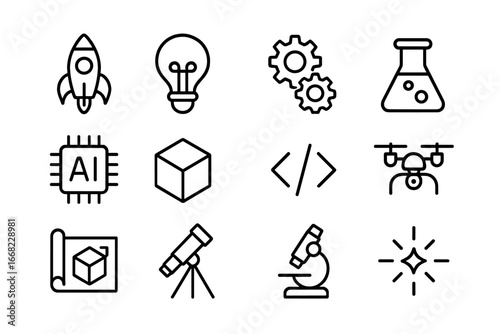 Youth Innovation Icons. Outline icon set of youth innovation: rocket, light bulb, gears, lab flask, AI chip,