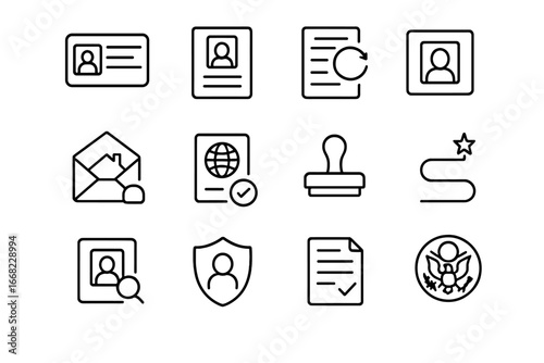 Permanent Residency Icons. Outline icon set of permanent residency: green card, PR document, renewal form, ID