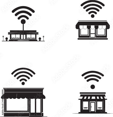 Four distinct building silhouettes with prominent wi fi signals emanating from above each structure silhouette