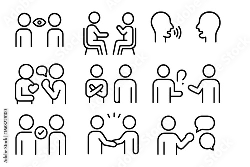 Interpersonal Skills Icons. Outline icon set of interpersonal communication skills: eye contact, open posture,