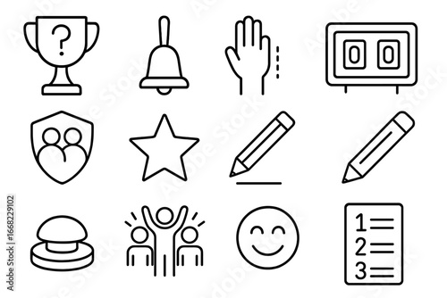 Academic Icon Set. Outline icon set of academic competition win: quiz trophy, answer bell, score board, raised
