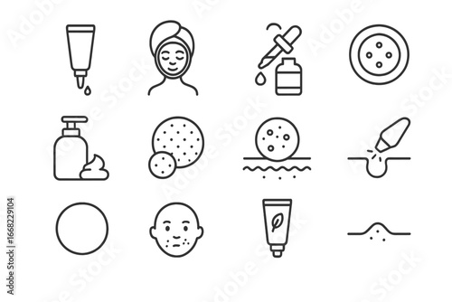 Acne Treatment Icons. Outline icon set of acne treatment routine: spot treatment, clay mask, salicylic acid,