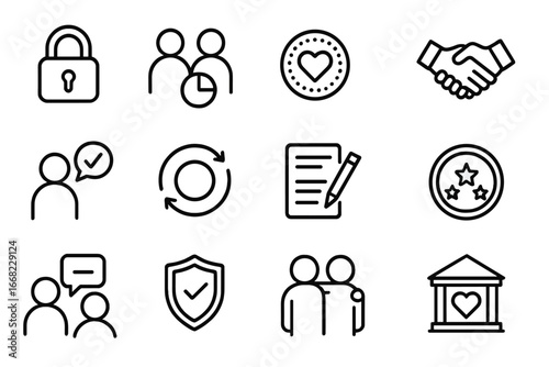 Trust Strategies Icons Set. Outline icon set of trust-building strategies: confidentiality icon, shared wins,