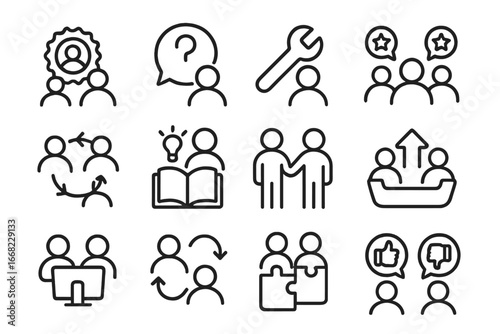 Peer Collaboration Icons. Outline icon set of peer-to-peer collaboration: peer badge, help request, shared