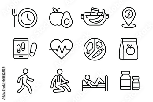 Active Lifestyle Icons. Outline icon set of active lifestyle eating: meal timer, nutrition icon, snack belt,