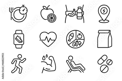 Active Lifestyle Icons. Outline icon set of active lifestyle eating: meal timer, nutrition icon, snack belt,