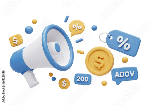 Blue and White Megaphone with Gold Coins and Price Tag on Transparent Background