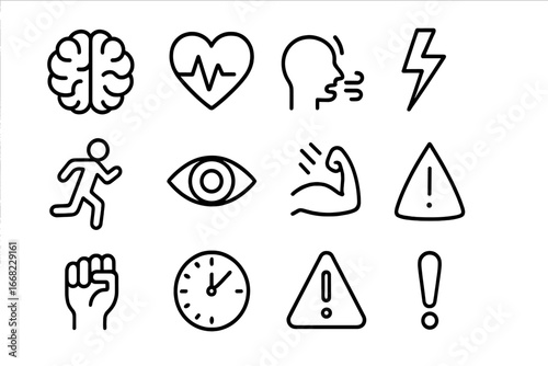 Acute Stress Icons. Outline icon set of acute stress response: brain, heartbeat, rapid breath, lightning bolt,