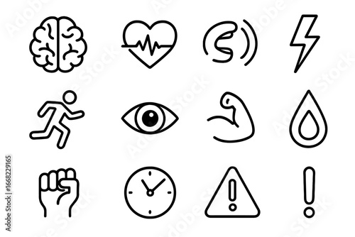 Acute Stress Icons. Outline icon set of acute stress response: brain, heartbeat, rapid breath, lightning bolt,