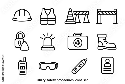 Safety Procedure Icons. Outline icon set of utility safety procedures: hard hat, safety vest, cones, hazard