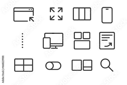 Adaptive Interface Icons. Outline icon set of adaptive interface elements: resizable window, auto-fit icon,