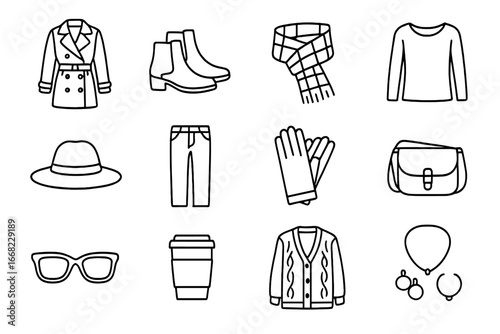 Autumn Fashion Icons. Outline icon set of autumn fashion essentials: trench coat, ankle boots, plaid scarf,