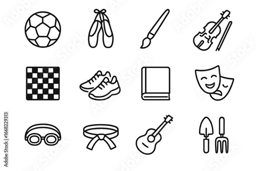 After-School Icons Grid. Outline icon set of after-school activities for children: soccer ball, ballet shoes,