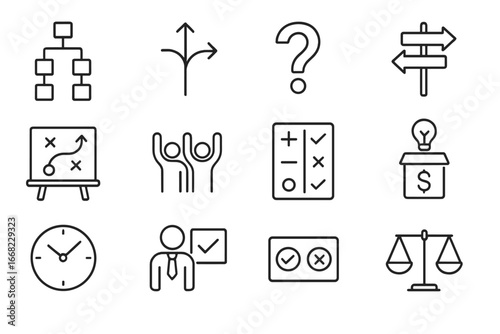 Decision Support Icons. Outline icon set of decision-making support: decision tree, path icon, question mark,