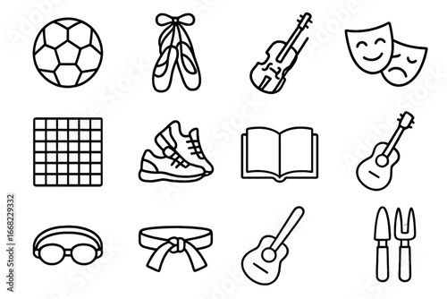 After-School Icons Grid. Outline icon set of after-school activities for children: soccer ball, ballet shoes,