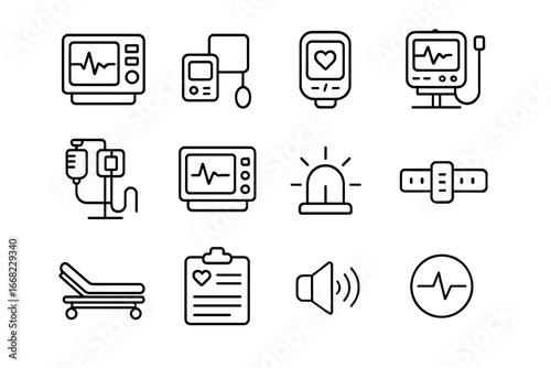 Medical Equipment Icons. Outline icon set of hospital monitoring devices: ECG machine, blood pressure cuff,