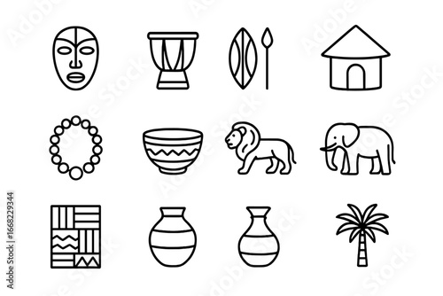 African Cultural Icon Set. Outline icon set of African cultural icons: tribal mask, drum, shield, spear, hut,