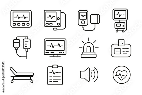 Medical Equipment Icons. Outline icon set of hospital monitoring devices: ECG machine, blood pressure cuff,