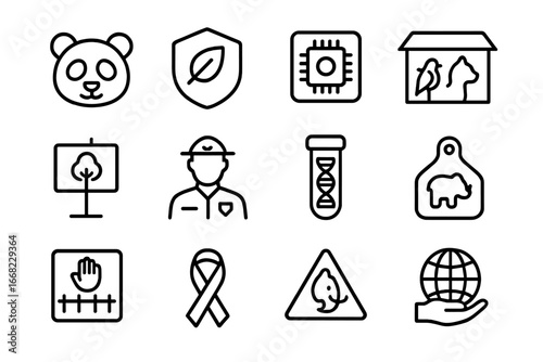 Endangered Species Icons. Outline icon set of endangered species protection: panda icon, preservation badge,