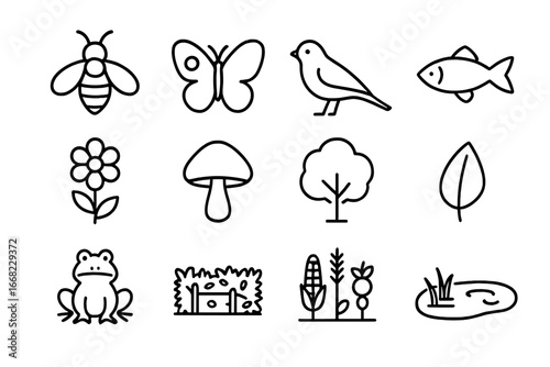 Agricultural Biodiversity Icons. Outline icon set of biodiversity in agriculture: bee, butterfly, bird, fish,
