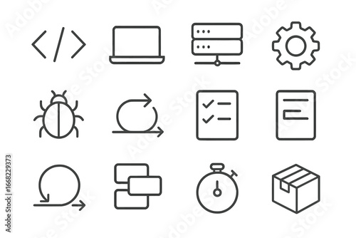 Agile Icon Set. Outline icon set of agile software development: code brackets, laptop, server, gear, bug icon,