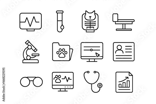 Vet Diagnostics Icons. Outline icon set of vet diagnostics: heart monitor, blood test, X-ray viewer, scan