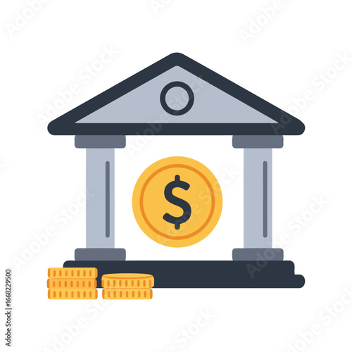 Bank building with gold coin and money stack financial institution currency wealth investment icon