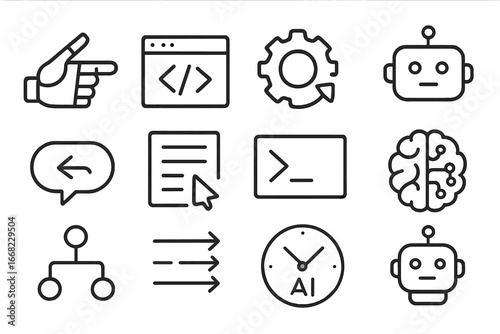 AI Tools Icon Set. Outline icon set of automation and AI tools: robot hand, script editor, automation gear,