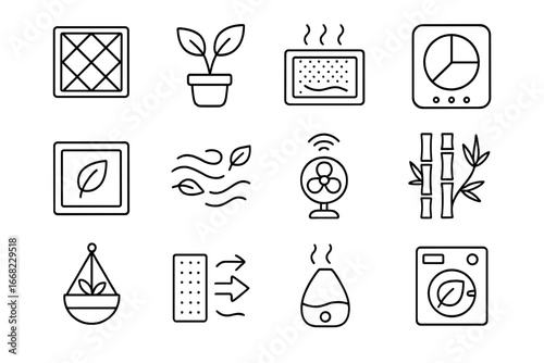 Air Purification Icons. Outline icon set of air-purifying home features: HEPA filter, leafy plant, carbon vent