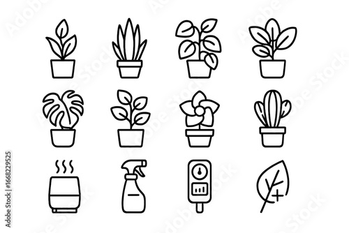 Air-Enhancing Plant Icons. Outline icon set of air-enhancing home plants: peace lily, snake plant, golden