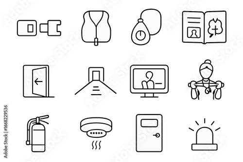Airplane Safety Icons Grid. Outline vector icons of airplane safety features: seatbelt buckle, life vest,