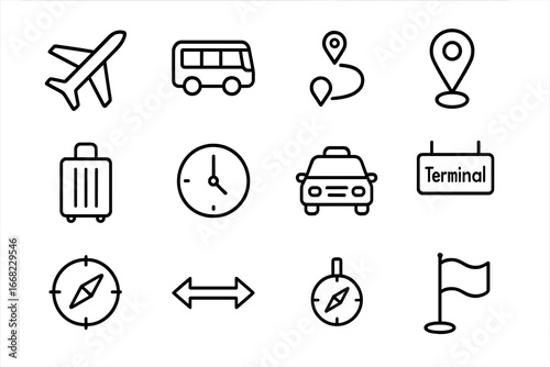 Airport Transfer Icons. Outline icon set of airport transfer route: airplane icon, bus icon, route line,