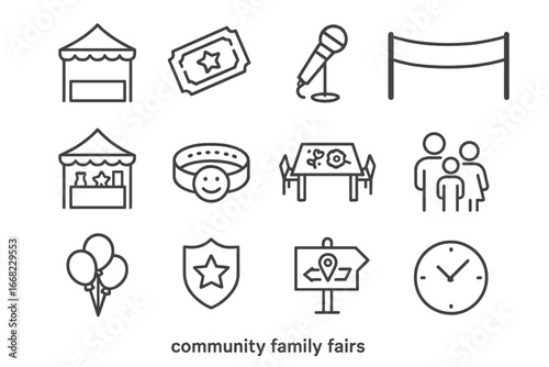 Community Fair Icons. Outline icon set of community family fairs: vendor tent, raffle ticket, stage mic,