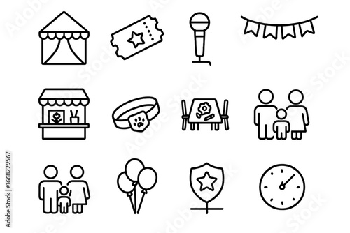 Community Fair Icons. Outline icon set of community family fairs: vendor tent, raffle ticket, stage mic,
