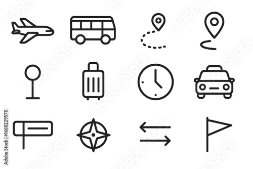 Airport Transfer Icons. Outline icon set of airport transfer route: airplane icon, bus icon, route line,