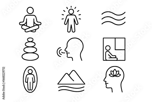 Inner Peace Icons. Outline icon set of inner peace and harmony: balanced posture, inner glow, spiritual symbol