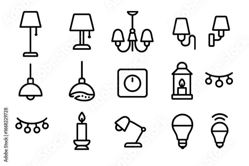 Ambient Lighting Icons. Outline icon set of living room ambiance lighting: floor lamp, table lamp, chandelier,