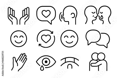 Empathy Icon Set. Outline icon set of empathy and compassion: open hands, heart speech, listening icon, shared