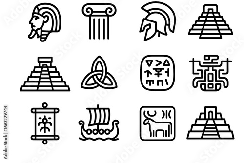 Ancient Civilization Icons. Outline icon set of ancient civilizations: pharaoh icon, Greek column, Roman