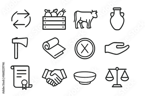 Ancient Barter Icon Grid. Outline icon set of ancient barter systems: trade icon, food crate, livestock,