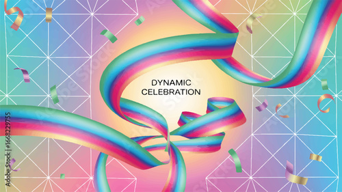 Dynamic Celebration with Rainbow Ribbons and Confetti on Gradient Background vector illustration