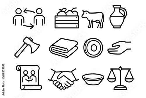 Ancient Barter Icon Grid. Outline icon set of ancient barter systems: trade icon, food crate, livestock,