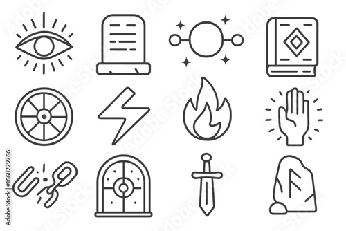 Ancient Prophecy Icons. Outline icon set of ancient prophecy symbols: eye of fate, stone tablet, celestial
