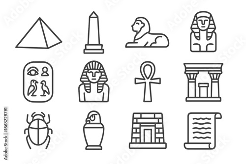 Ancient Egypt Icons. Outline icon set of ancient Egyptian monuments: pyramid, obelisk, sphinx, sarcophagus,