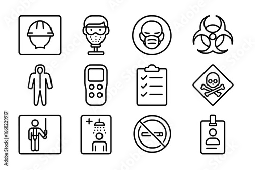PPE Safety Icons. Outline icon set of workplace PPE symbols: hard hat zone, eye wash station, no entry without