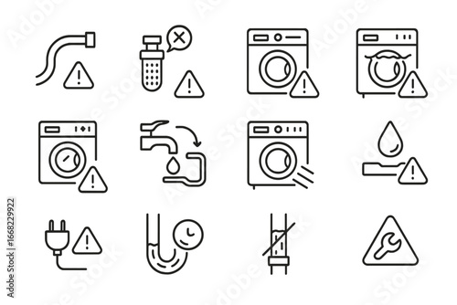 Washer Error Icon Set. Outline icon set of washer error troubleshooting: hose kink, clogged filter, drain