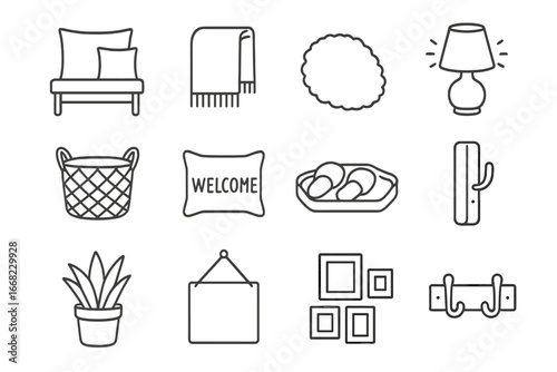 Cozy Entryway Icons. Outline icon set of cozy entry nook: cushion seat, soft blanket, fuzzy rug, warm light,