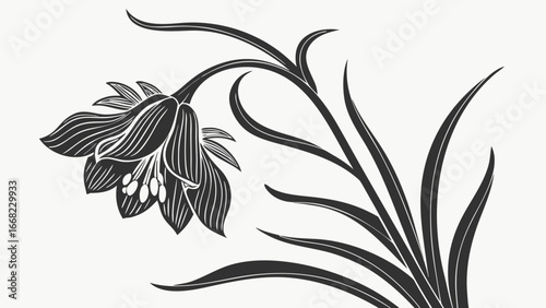 Illustration of a stylized drooping flower with leaves in black and white simple design art work