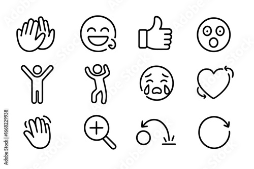 Animated Reaction Icons. Outline icon set of animated reactions: clapping hands, laughing loop, thumbs up,